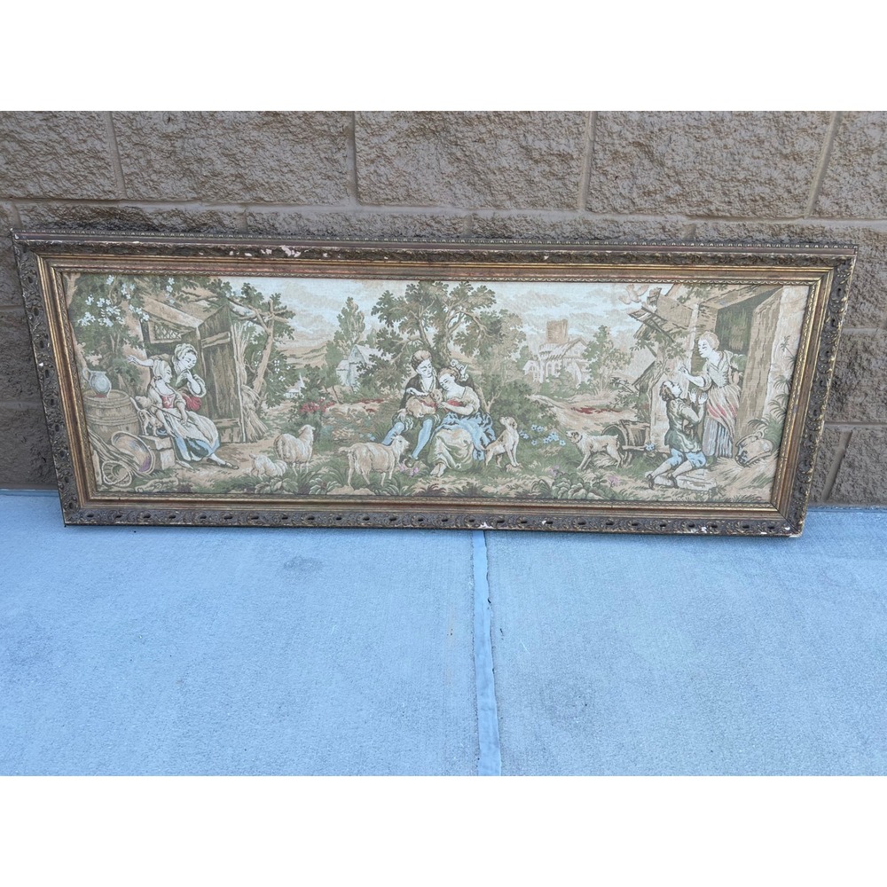 Tapestry Wall Art Large 58x23 Gold Frame Pastoral Scene Ornate Vintage
